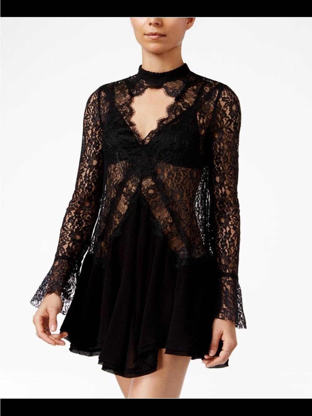 Free People Black Lace Long-Sleeve Skater Dress